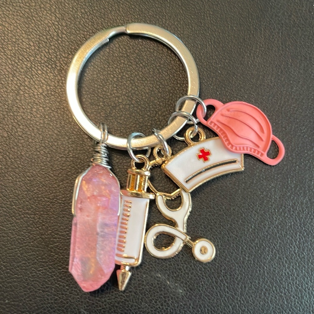 Pink Quartz Nurse Keychain β Crystal + Medical Charms β Handmade β NWT - Picture 2 of 6